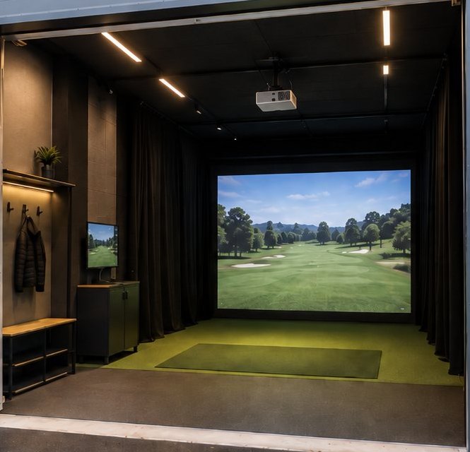 Simulatorn inifrån: bred duk med golfbana, slagmatta på konstgräs och projektor i taket.